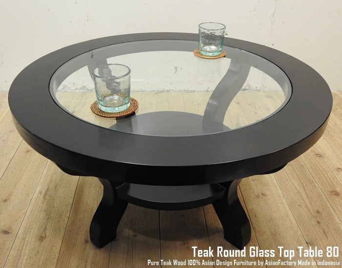 バリ島 チーク材 ガラストップテーブル