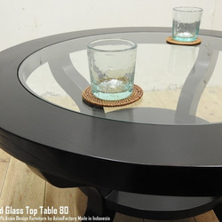 チーク無垢材 アジアン家具 ガラストップテーブル ラウンド 80cm ダークブラウン ラウンドテーブル 木製 バリ家具 6枚目の画像