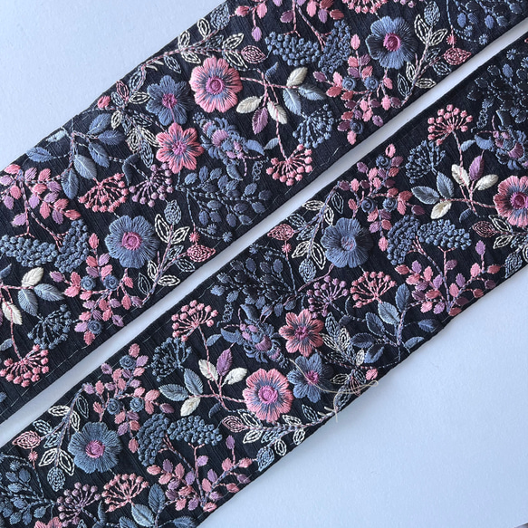 【50cm】インド刺繍リボン　ブラックxダスティピンク　シルク　GS773 5枚目の画像