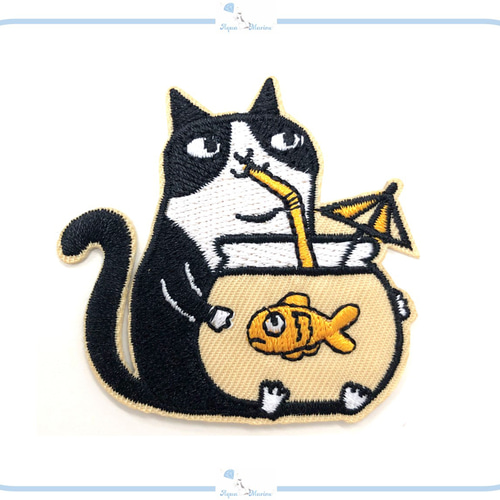 ES82 アップリケ 刺繍 デザイン 猫 金魚 ねこ ネコ 金魚鉢 ES82 アップリケ 刺繍 デザイン 猫 金魚 ねこ ネコ 金魚鉢