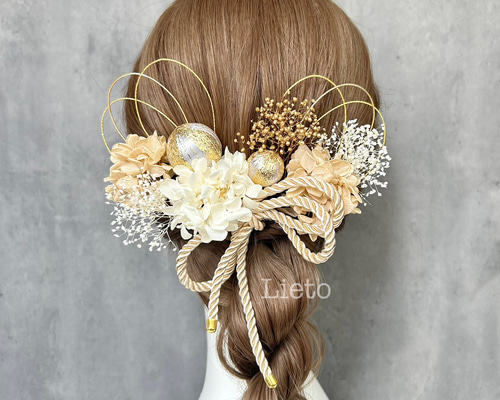 匿名発送可◎】ドライフラワー 髪飾り 紫陽花シャンパン 和玉飾り U