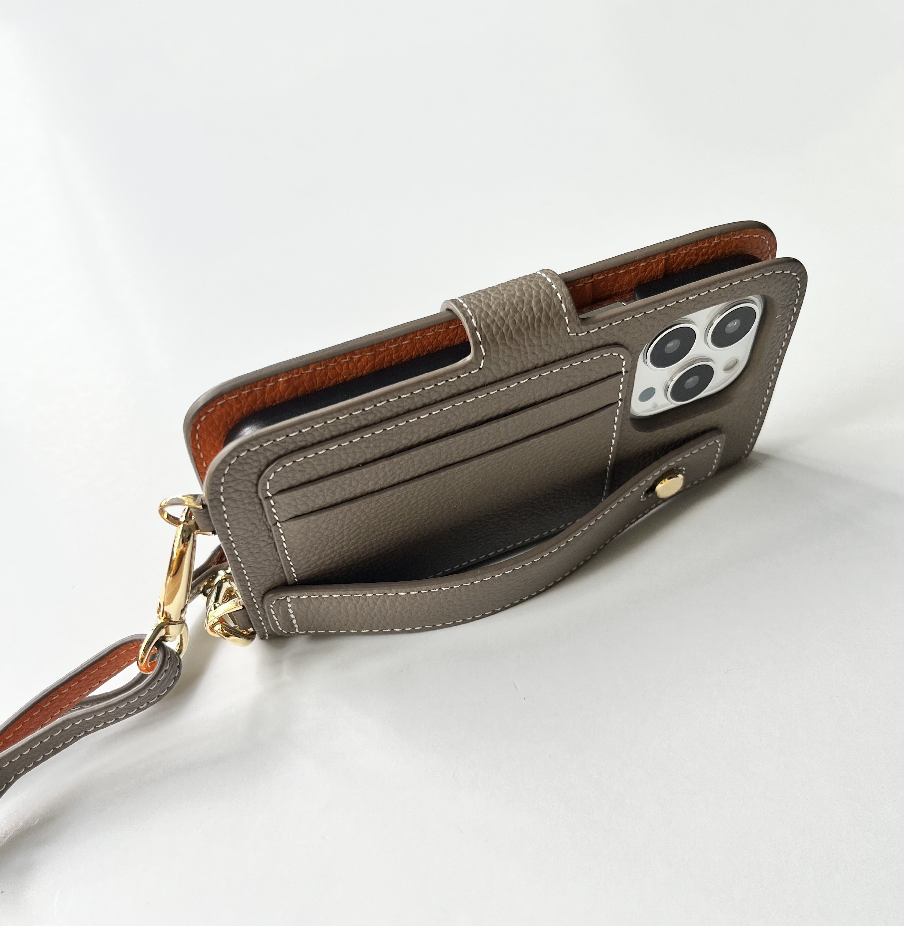 手帳型スマホケース バイカラー　本革　名入れ可　カード収納　ハンドベルト付き　ショルダー付き　　　レザー