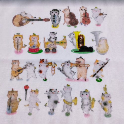 吹奏楽・オケ好き集まれ！楽器猫オールスターズのタオルハンカチ