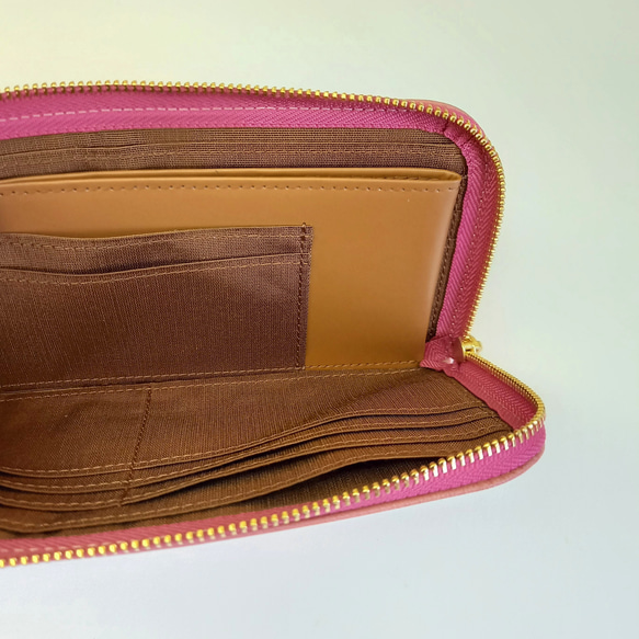 育てる長財布(ピンク)バフィング加工イタリアンレザー◇薄くて軽くて大容量！カード入れは14か所【かわつむ】L字ファスナー 7枚目の画像