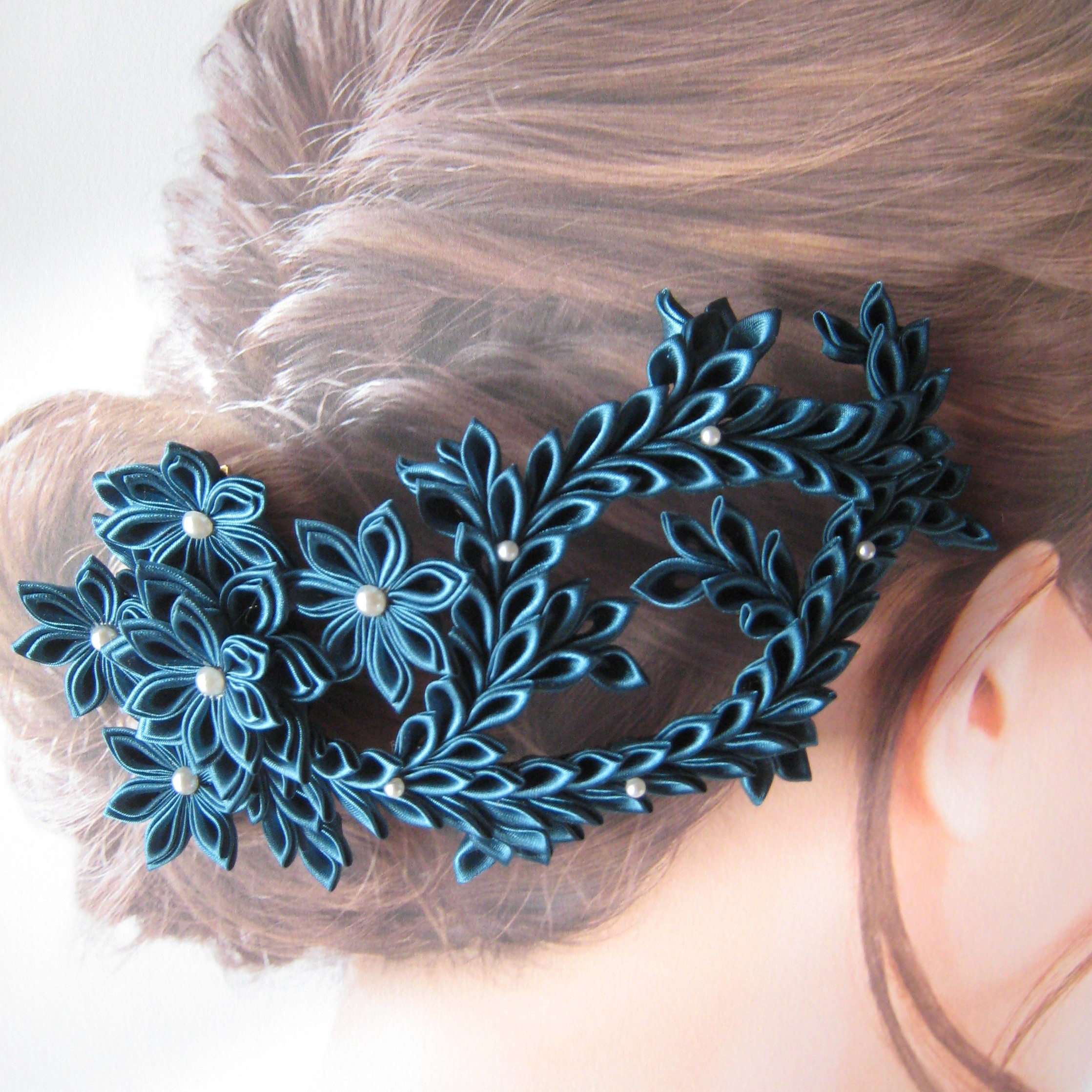 髪飾り★ヘッドドレス★【つまみ細工】青緑のフラワー＆リーフボンネ　ウエディングや成人式に！