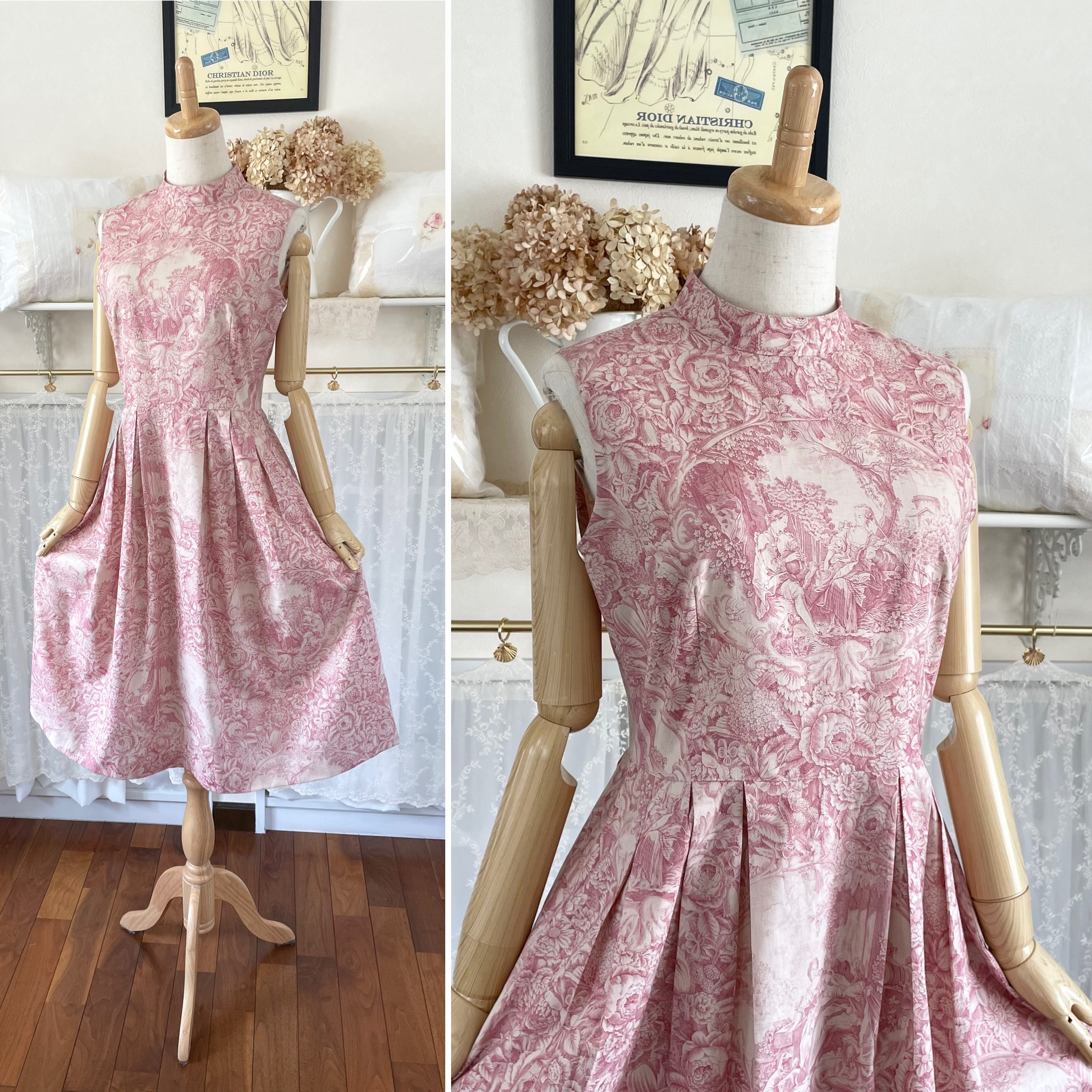 スタンドカラーのノースーリーブワンピース『"トワル・ド・ジュイ"・田園風景・クラシカルなコットンワンピース』 24,000円