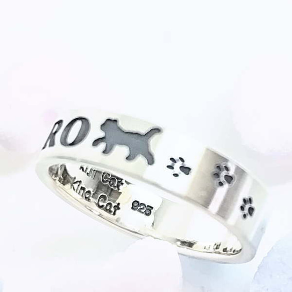 ☆猫と名前とモチーフと・・・シルバー925平打ち猫リング　ヘア―ライン仕上げ 6枚目の画像