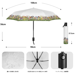 晴雨兼用、花の楽園 ボタニカル柄(ホワイト) 折りたたみ傘・日傘（外側プリント） 5枚目の画像