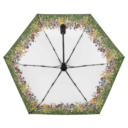 晴雨兼用、花の楽園 ボタニカル柄(ホワイト) 折りたたみ傘・日傘（内側プリント・外側ブラック） 3枚目の画像