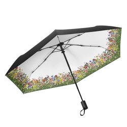 晴雨兼用、花の楽園 ボタニカル柄(ホワイト) 折りたたみ傘・日傘（内側プリント・外側ブラック） 2枚目の画像