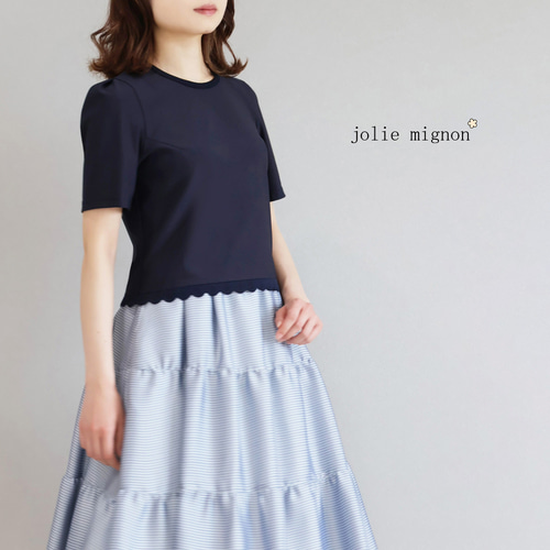 ジョリーミニョン jolie mignon スカラップ付きTシャツ ネイビー 接触