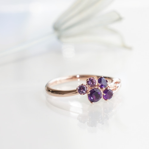 芳しい紫の花＞5石のラベンダーリング ピンクゴールド 天然石