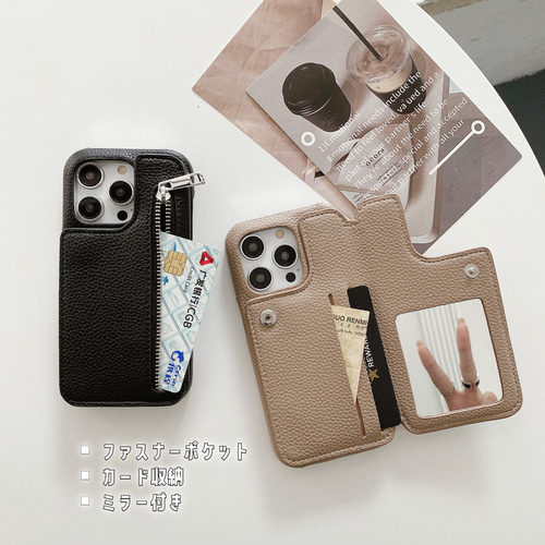 ミラー付き iphone 16 15 14 13 12 ケース カード収納 ジップ ミラー付き iphone 16 15 14 13 12 ケース カード収納 ジップ