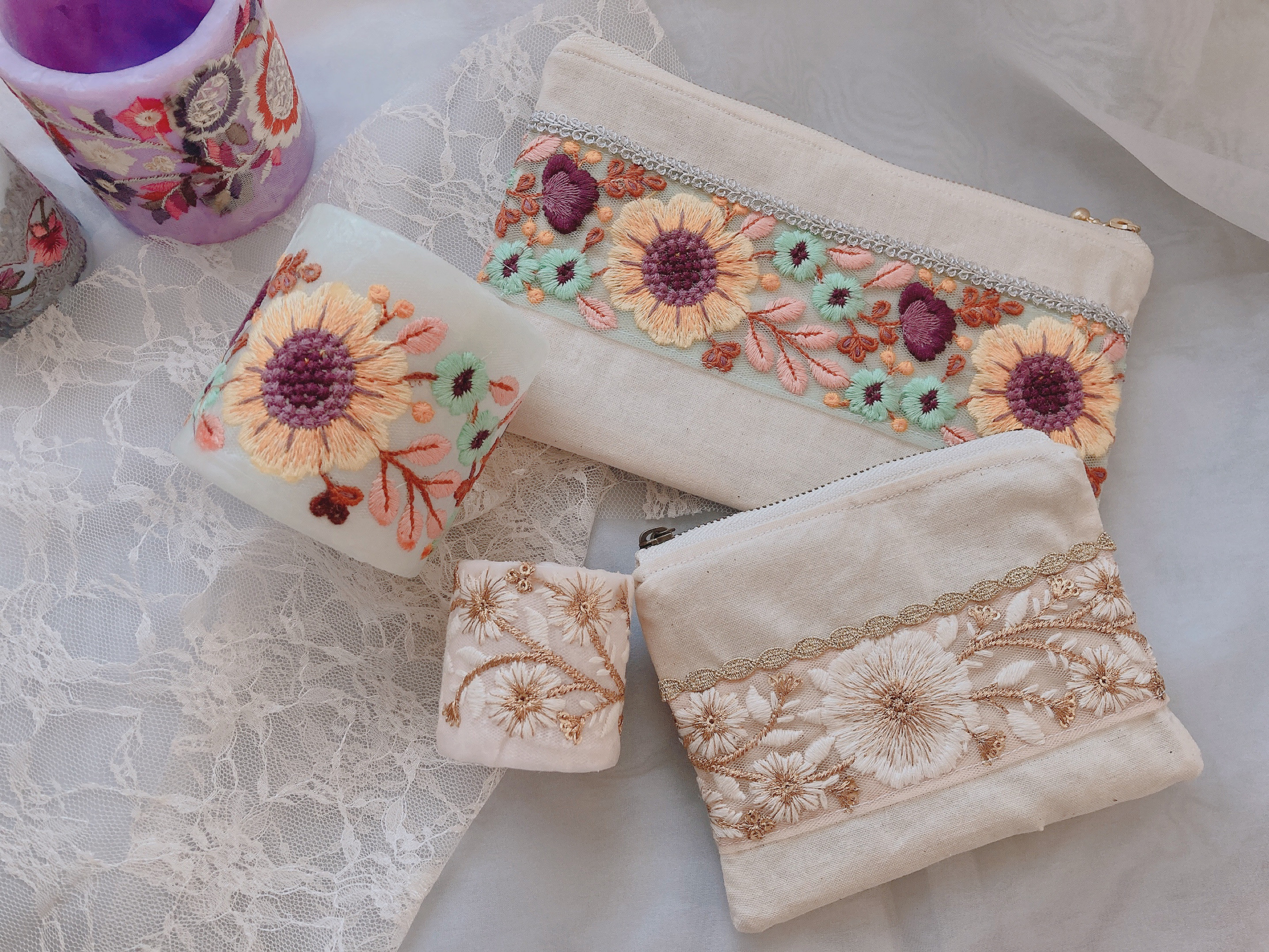 Creema限定 夏の福袋】ひまわりのインド刺繍リボンのポーチと