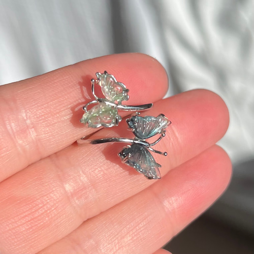 イギリス発送トップグレード トルマリン 蝶々リング 手彫指輪 マイナス