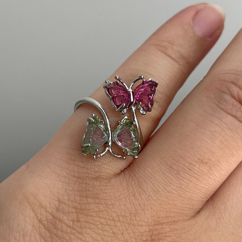 イギリス発送トップグレード トルマリン 蝶々リング 手彫指輪 マイナス