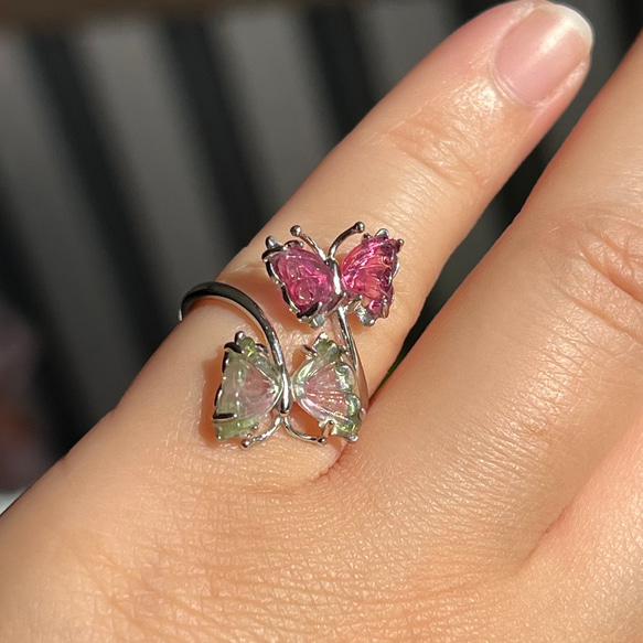 イギリス発送トップグレード トルマリン 蝶々リング 手彫指輪 マイナス  