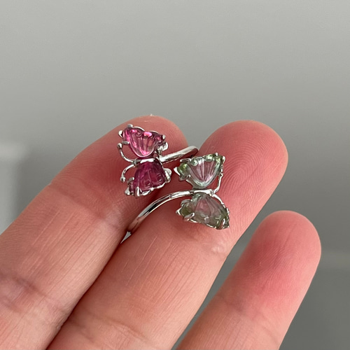 イギリス発送トップグレード トルマリン 蝶々リング 手彫指輪 マイナス