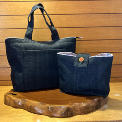 ぼん　デニムトートバッグ　ブラウン　ブラック　2個セット 黒色デニムトートバッグとバッグインバッグのセット トートバッグ