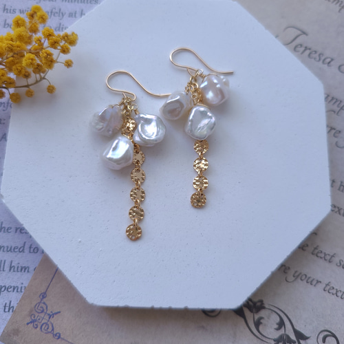 14kgf 淡水パール*バロックとデザインチェーンのピアス