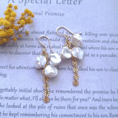 486 淡水パール揺れないフックピアス12mm 14Kgfゴールド 14kgf 淡水