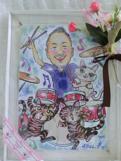 デジタル似顔絵の長寿祝い/額、花、リボン、手提げつき 5,694円