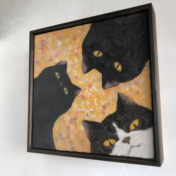肉筆油彩画 「桜の木下の猫会議、 〜３匹会議〜」 4枚目の画像
