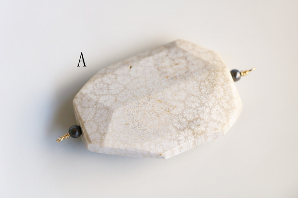 「珊瑚の化石。古花舞う」 大粒 一粒。シンプル ネックレス  ロングチェーン プラチナカラー 天然石 フォッシルコーラル 5枚目の画像