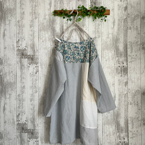 涼しげな水色花柄ストライプcottonリネンいろいろパッチオリジナルプル