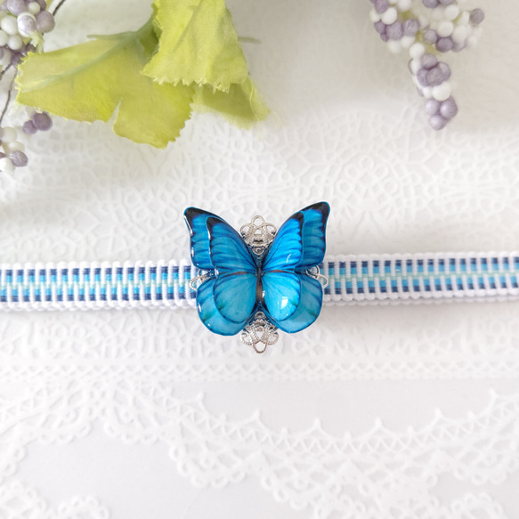 【帯留め♪】鮮やかな水色カラーの蝶々帯留め。青い蝶。モルフォ蝶(新色) 和装小物。帯飾り。『晴れやかブルー2024』 2枚目の画像