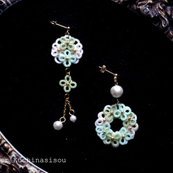 【訂做】梭織蕾絲繡球花棉質珍珠不對稱耳環&lt;Annabelle&gt; 第10張的照片