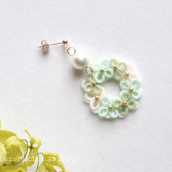【訂做】梭織蕾絲繡球花棉質珍珠不對稱耳環&lt;Annabelle&gt; 第4張的照片