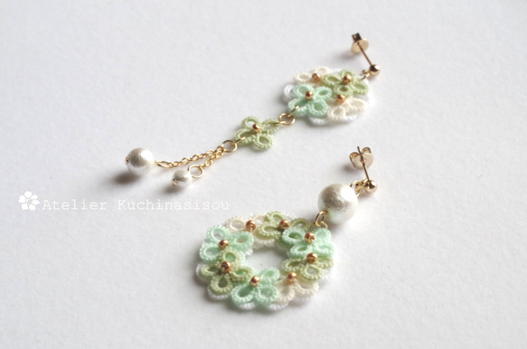 【訂做】梭織蕾絲繡球花棉質珍珠不對稱耳環&lt;Annabelle&gt; 第2張的照片