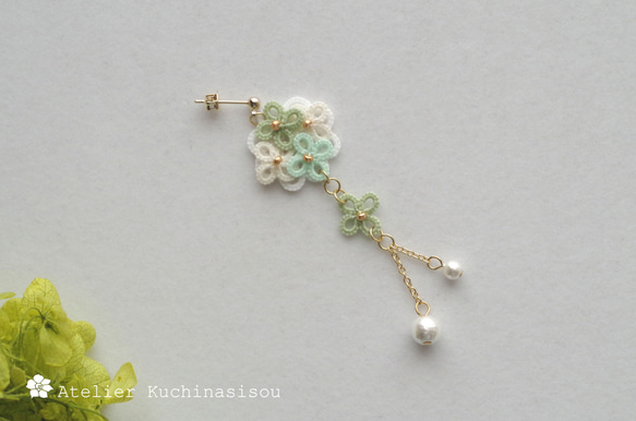 【訂做】梭織蕾絲繡球花棉質珍珠不對稱耳環&lt;Annabelle&gt; 第3張的照片