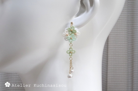 【訂做】梭織蕾絲繡球花棉質珍珠不對稱耳環&lt;Annabelle&gt; 第7張的照片