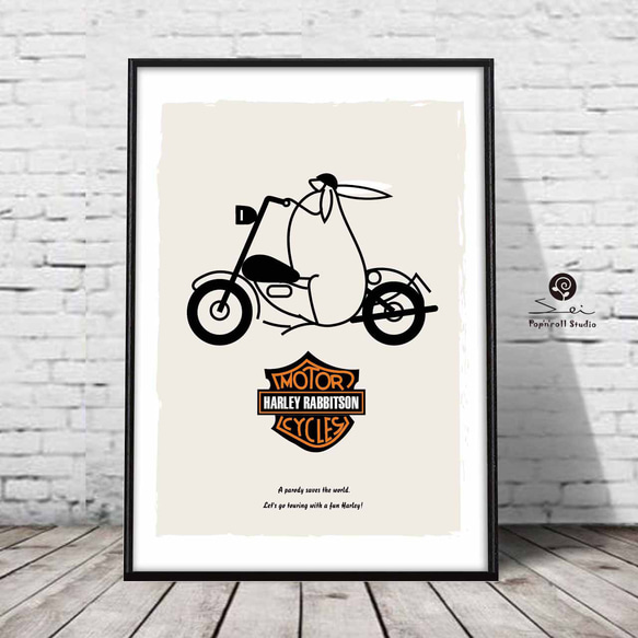 ハーレーラビットソンリターン　ウサギ　バイク　モノトーン　アート  アートポスター　ポスター  A4　　851 2枚目の画像