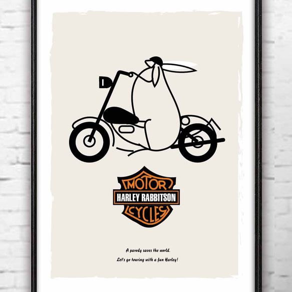 ハーレーラビットソンリターン　ウサギ　バイク　モノトーン　アート  アートポスター　ポスター  A4　　851 1枚目の画像