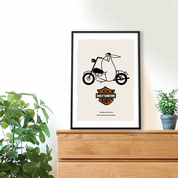 ハーレーラビットソンリターン　ウサギ　バイク　モノトーン　アート  アートポスター　ポスター  A4　　851 3枚目の画像