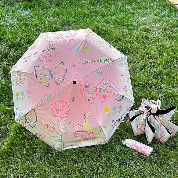 晴雨兼用傘 自動開閉傘 日差し対策 日傘 雨傘  紫外線対策 花柄 カラー 傘袋付き 1枚目の画像