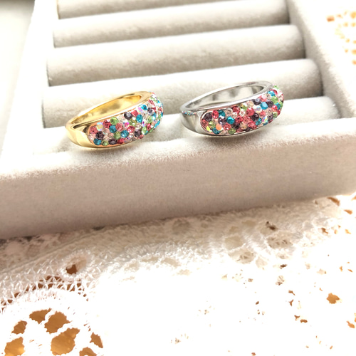 【美品】スワロフスキー リング 9号 指輪 宝石風 キラキラ 再販×4】キラキラ カラフルな宝石箱 スワロフスキー グルーデコ