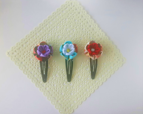 AY つまみ細工 和柄、ラインストーンのお花のパッチンピン 3つセット
