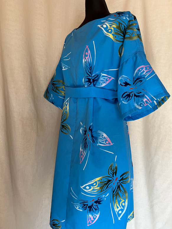 浴衣 ワンピース リボン付き 綿 リゾート ブルー 蝶 ロング 調整可  