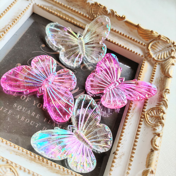 31×41mm 蝶のデコパーツ オーロラピンク＆クリア 2色×4 8個セット P899