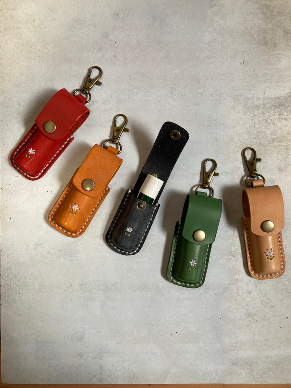 もう無くさない探さない☺︎お花刺繍本革リップケース 印鑑ケース