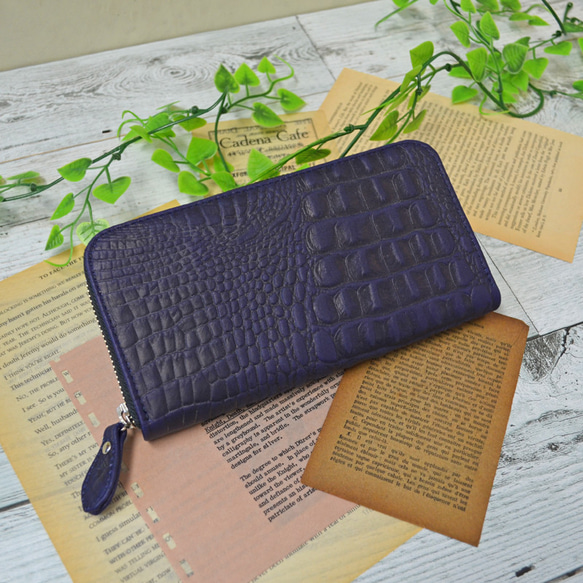 革　長財布（紫/クロコ柄） 3枚目の画像
