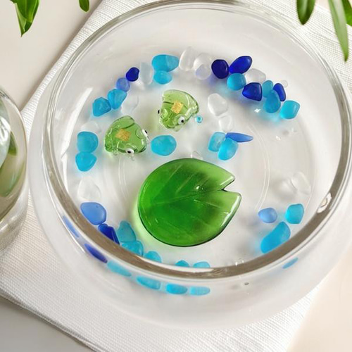 金魚 カエル 水盤 セット 金箔入 置物 ガラス 夏の思い出 玄関 店舗