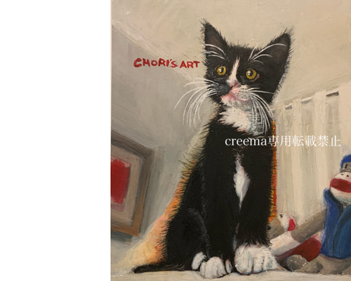 絵/絵画/仔猫/原画/A5/アクリル画/手書き/猫/ハチワレ/イラスト