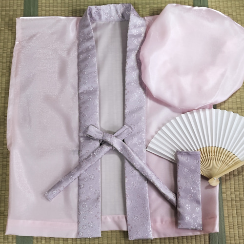 100歳百寿祝い銀襴虹色桜合わせちゃんちゃんこ4点セット(ピンク