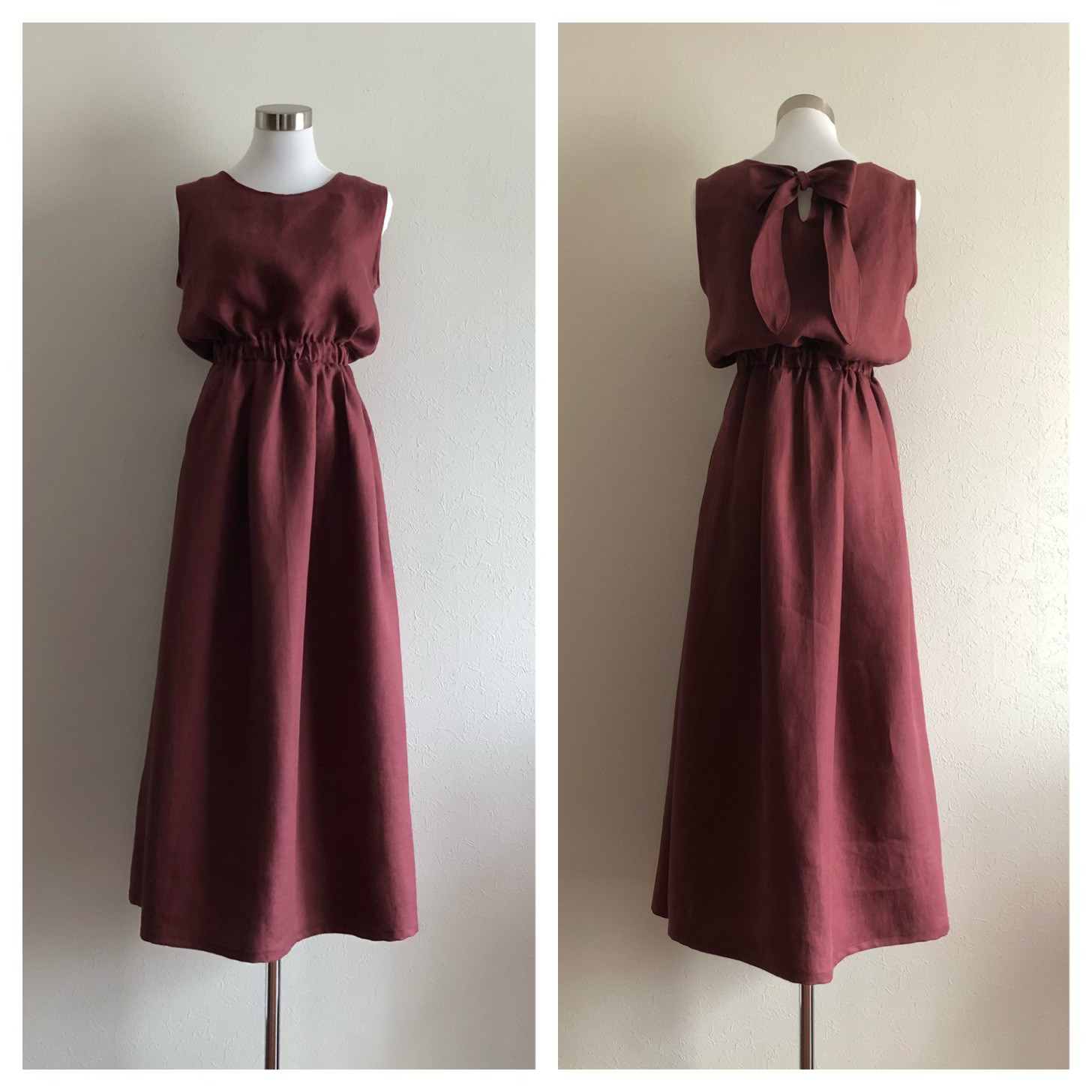 フレンチリネンバックリボンノースリーブワンピース