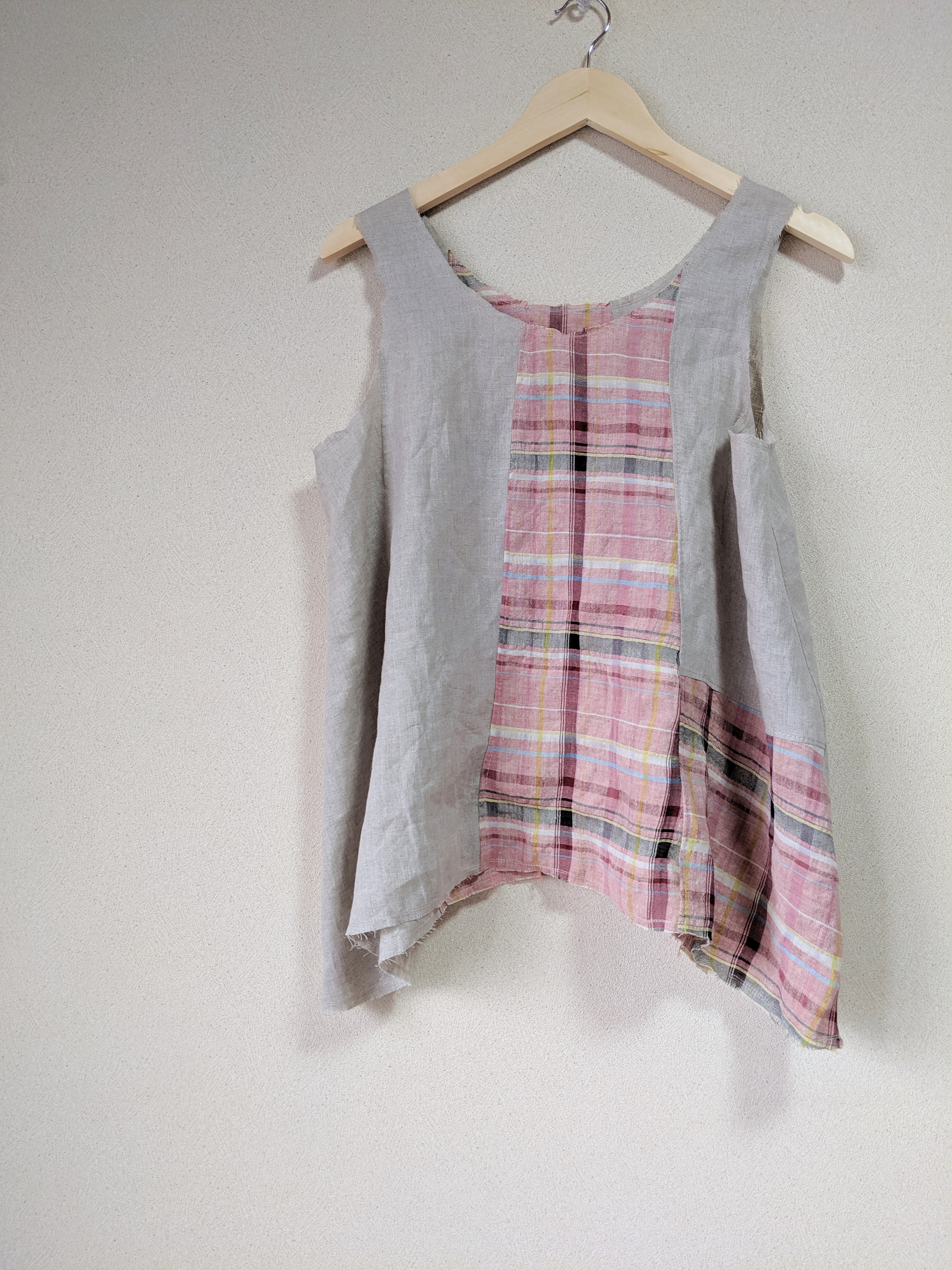 【近江麻】タンブラーリネンチェック　つぎはぎブラウス